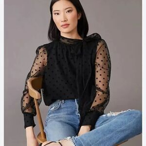 Anthropologie Maeve Tulle Neck Tie Blouse Sz M Swiss Polka Dot Sheer Sleeves